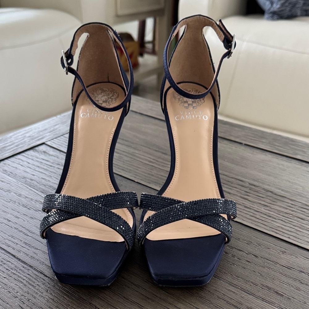 Vince Camuto size 7M midnight blue satin 4” heels with beaded straps, EUC